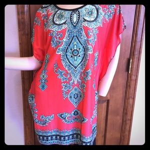 Boho Coral Short Sleeve Belted Shift Dress Tunic Size M-L 3/$20 SALE!